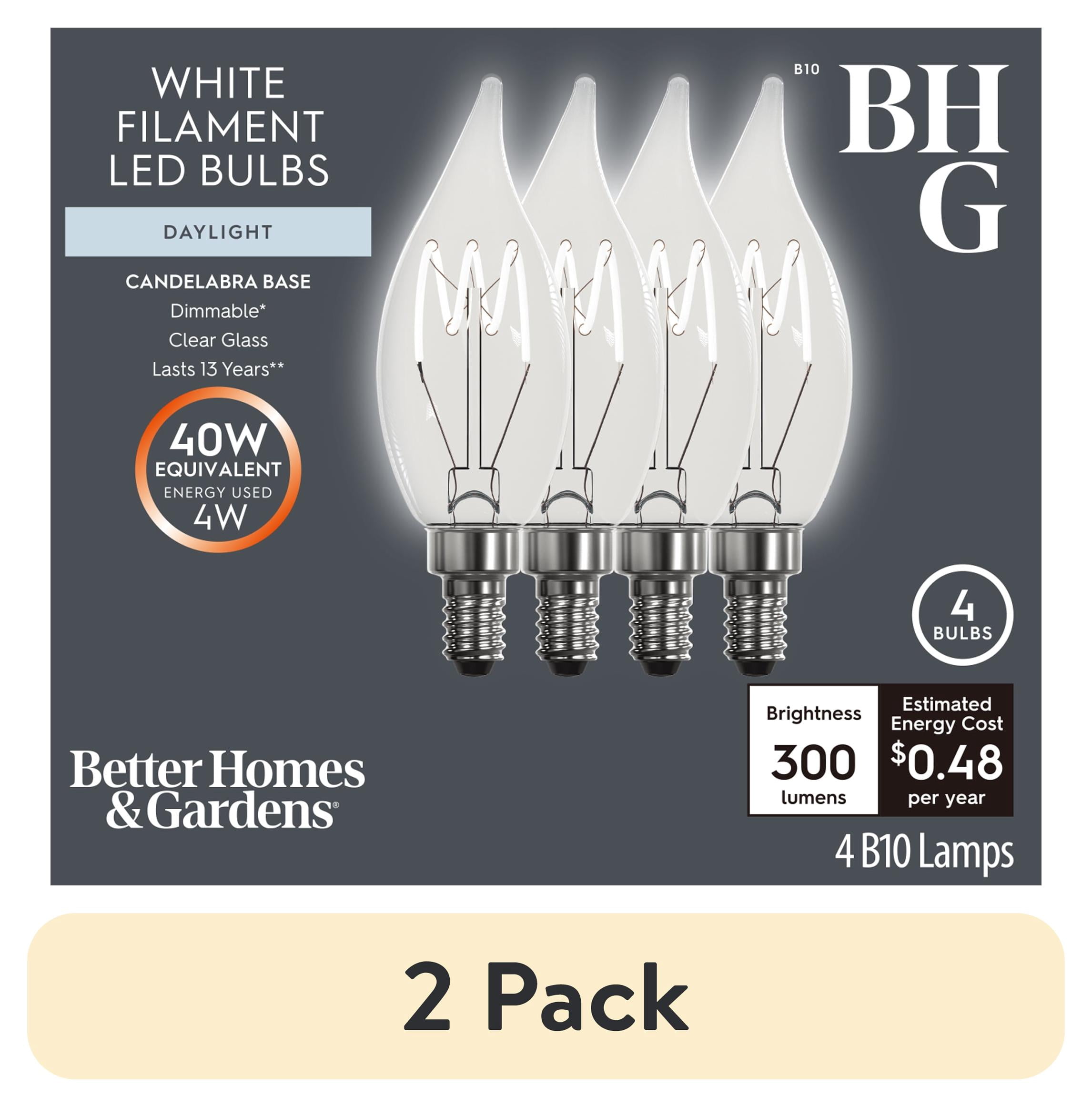 (2 pack) Better Homes & Gardens 4W (40W Equivalent) Daylight Dimmable CA10 White Filament Light Bulbs E12 Base 2 Pack