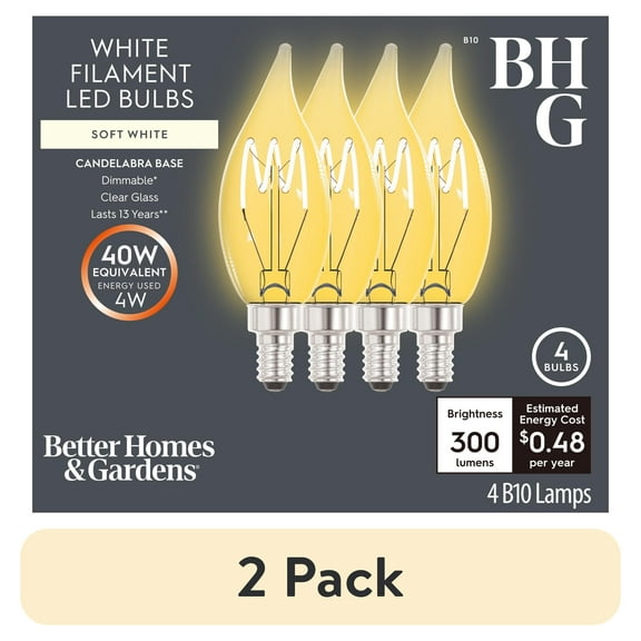 (2 pack) Better Homes & Gardens 4W (40W Equivalent) Soft White Dimmable CA10 White Filament Light Bulbs E12 Base 2 Pack