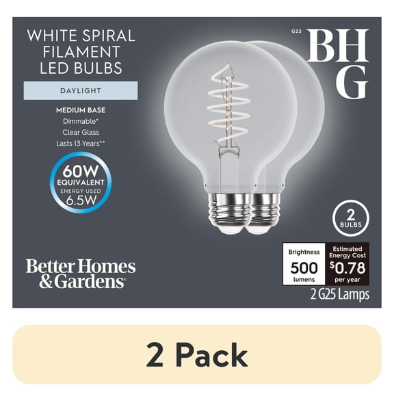 (2 pack) Better Homes & Gardens 6.5W (60W Equivalent) Daylight Dimmable G25 White Filament Light Bulbs E26 Base 2 Pack