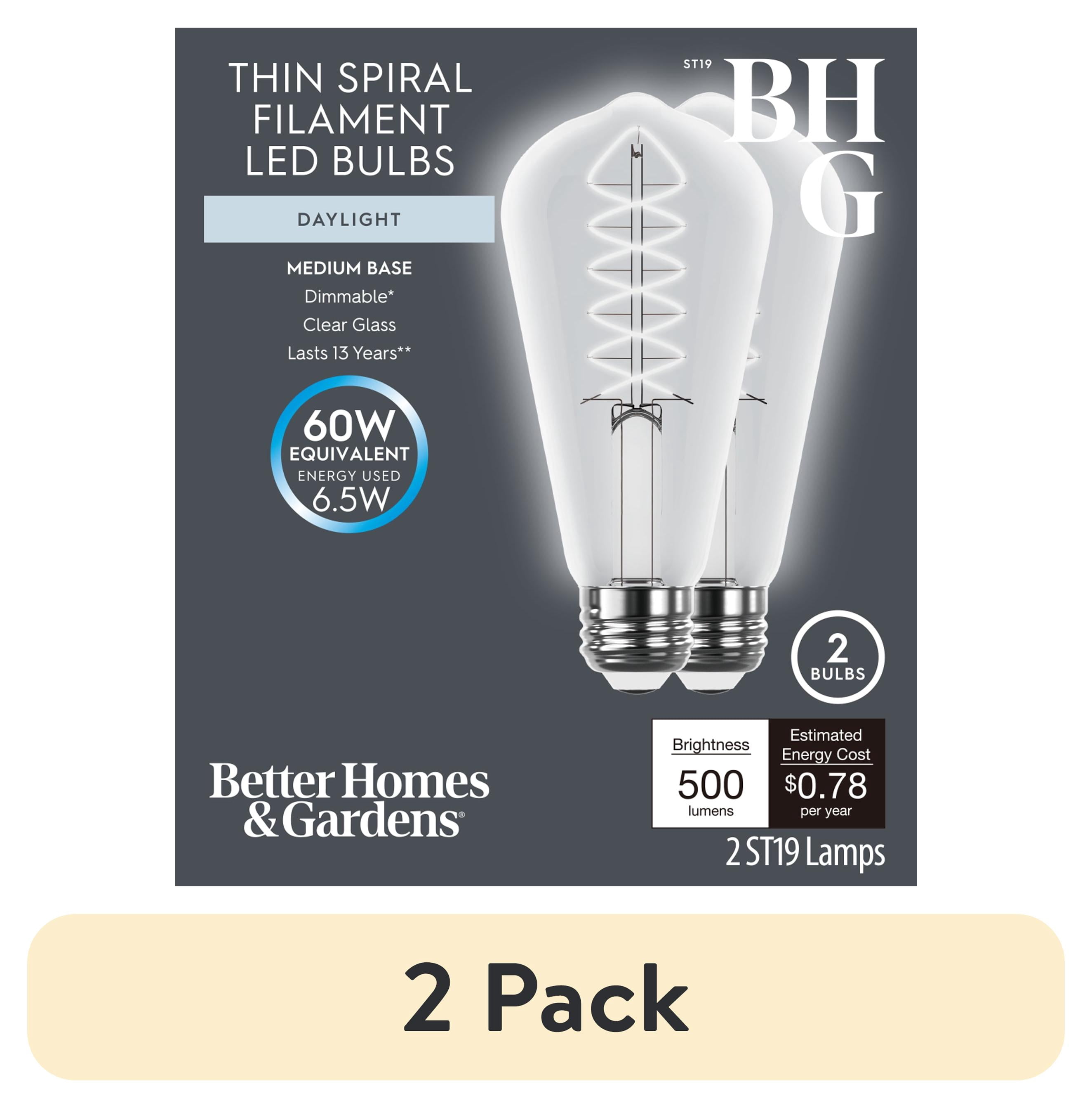 (2 pack) Better Homes & Gardens 6.5W (60W Equivalent) Daylight Dimmable ST19 Thin Filament Light Bulb E26 Base 2 Pack