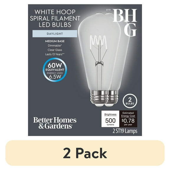 (2 pack) Better Homes & Gardens 6.5W (60W Equivalent) Daylight Dimmable ST19 White Filament Light Bulb E26 Base 2 Pack