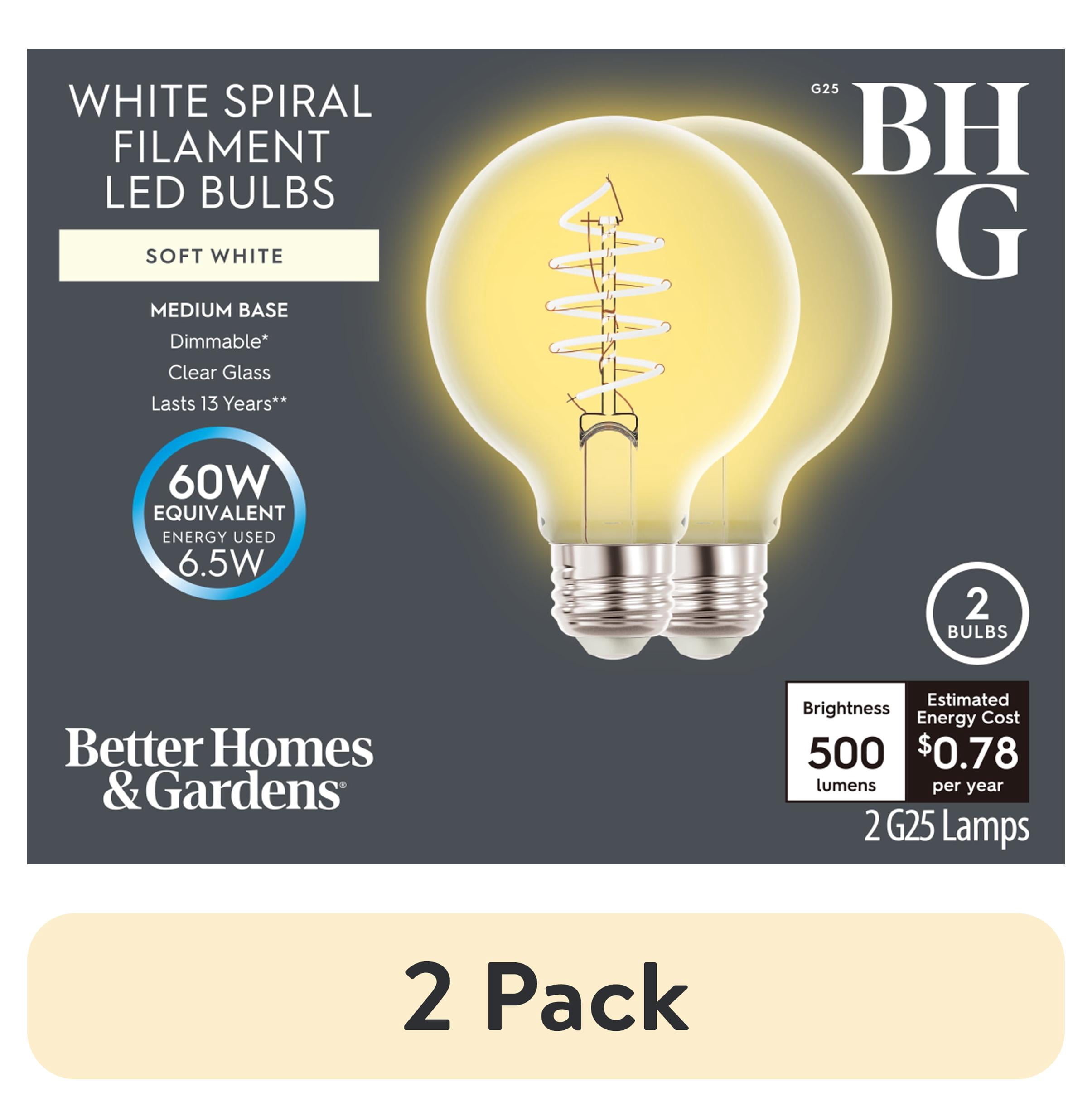 (2 pack) Better Homes & Gardens 6.5W (60W Equivalent) Soft White Dimmable G25 White Filament Light Bulbs, E26 Base, 2 Pack