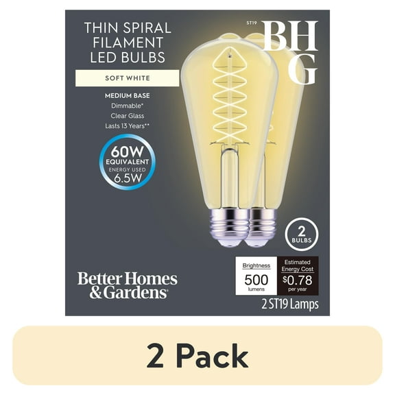 (2 pack) Better Homes & Gardens 6.5W (60W Equivalent) Soft White Dimmable ST19 Thin Filament Light Bulb E26 Base 2 Pack