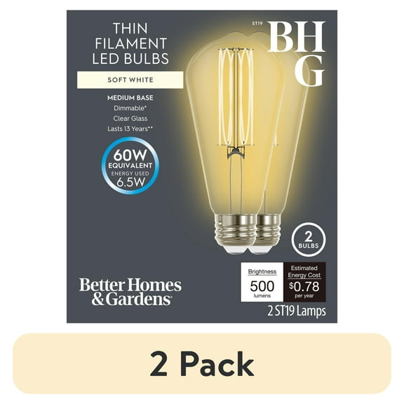 (2 pack) Better Homes & Gardens 6.5W (60W Equivalent) Soft White Dimmable ST19 Thin Filament Light Bulb E26 Base 2 Pack