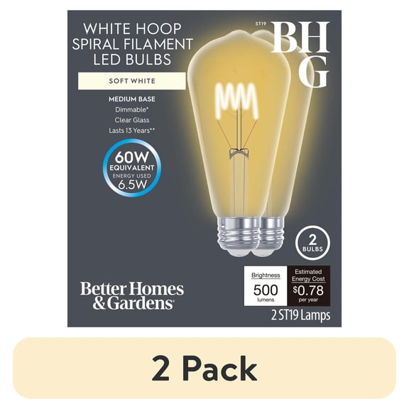 (2 pack) Better Homes & Gardens 6.5W (60W Equivalent) Soft White Dimmable ST19 White Filament Light Bulb E26 Base 2 Pack