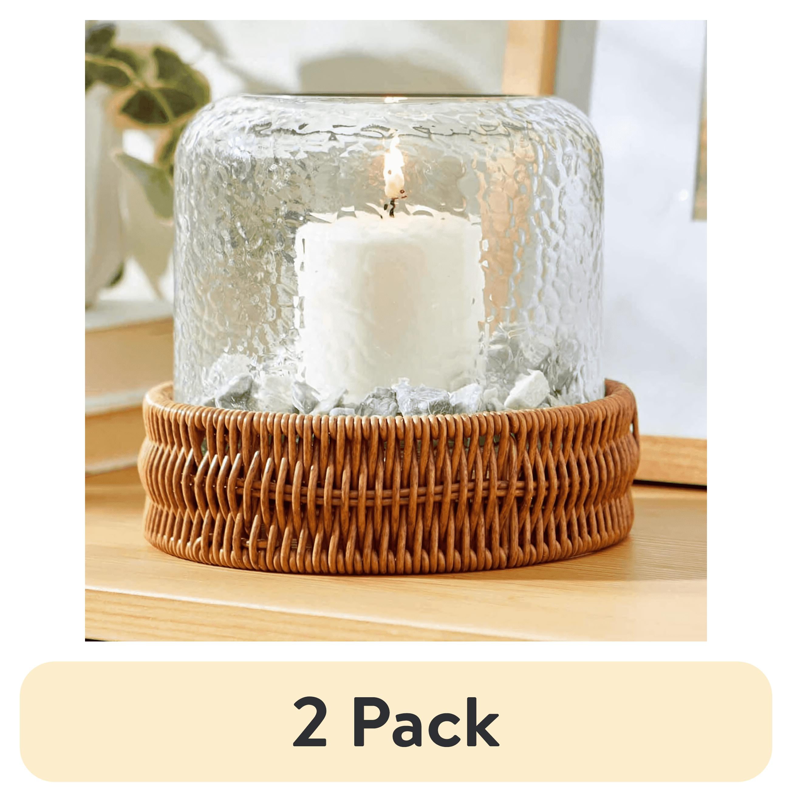 (2 pack) Better Homes & Gardens 7" Decorative Clear Hammered Glass Hurricane Pillar Candle Holder with Brown Woven Base - Walmart.com
