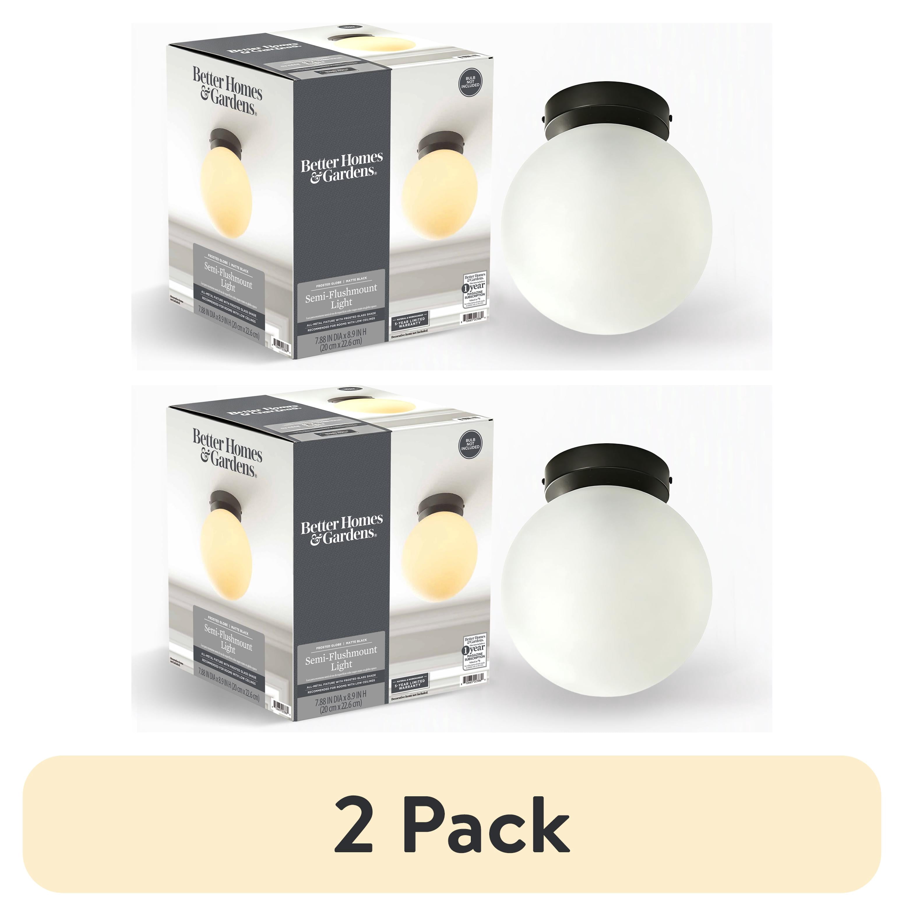 (2 pack) Better Homes & Gardens 8 in Semi-Flush Mount Ceiling Light, Black Finish with Frosted Glass Shade