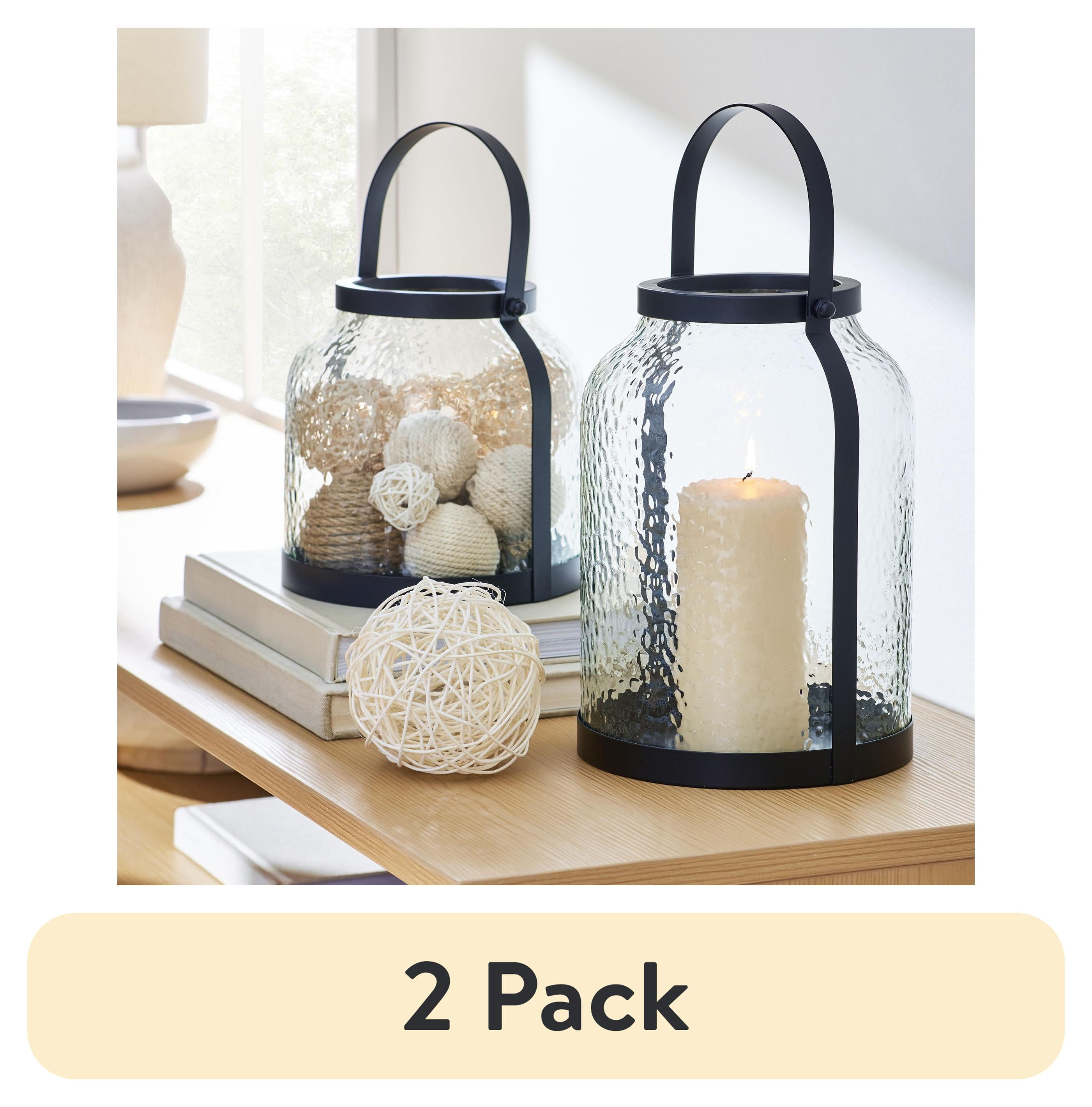 (2 pack) Better Homes & Gardens Black Metal Hammered Glass Candleholder Lantern, 8", Medium
