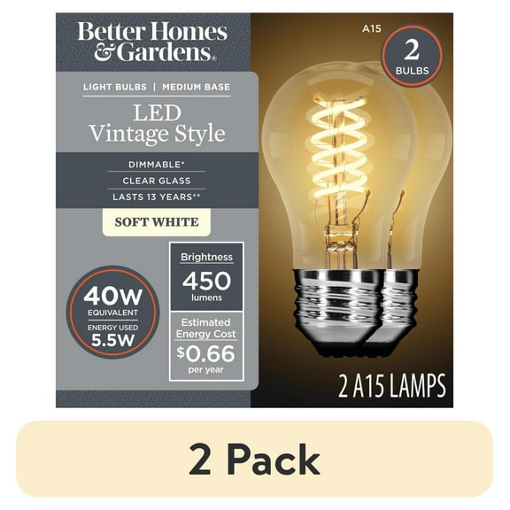 (2 pack) Better Homes & Gardens A15 Vintage LED Light Bulb, 40 Watts, Soft White Filament, E26, Dim, 2 Pk