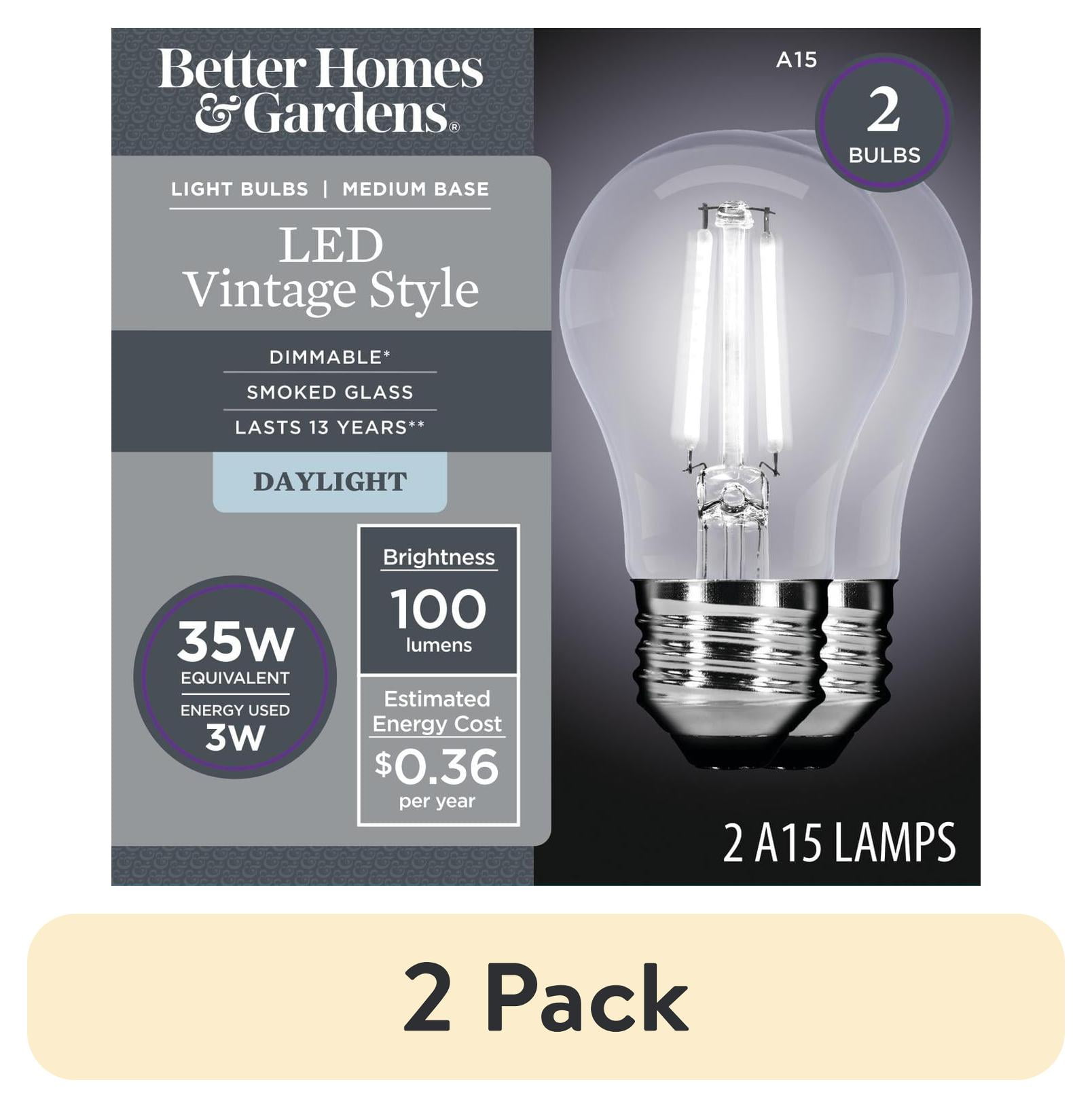 (2 pack) Better Homes & Gardens A15 Vintage LED Light Bulb, Smokey, 3 Watts Efficient, 5000k, E26, Dim, 2 Pk