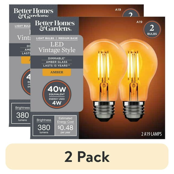 (2 pack) Better Homes & Gardens A19 Vintage LED Amber Light Bulb, 40 Watt Eqv, Dim, Amber Finish - 2 Pk