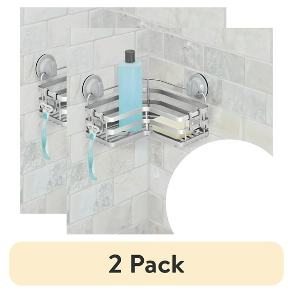 (2 pack) Better Homes & Gardens Adhesive or Suction Mount Steel Shower Corner Storage Basket, Satin Nickel