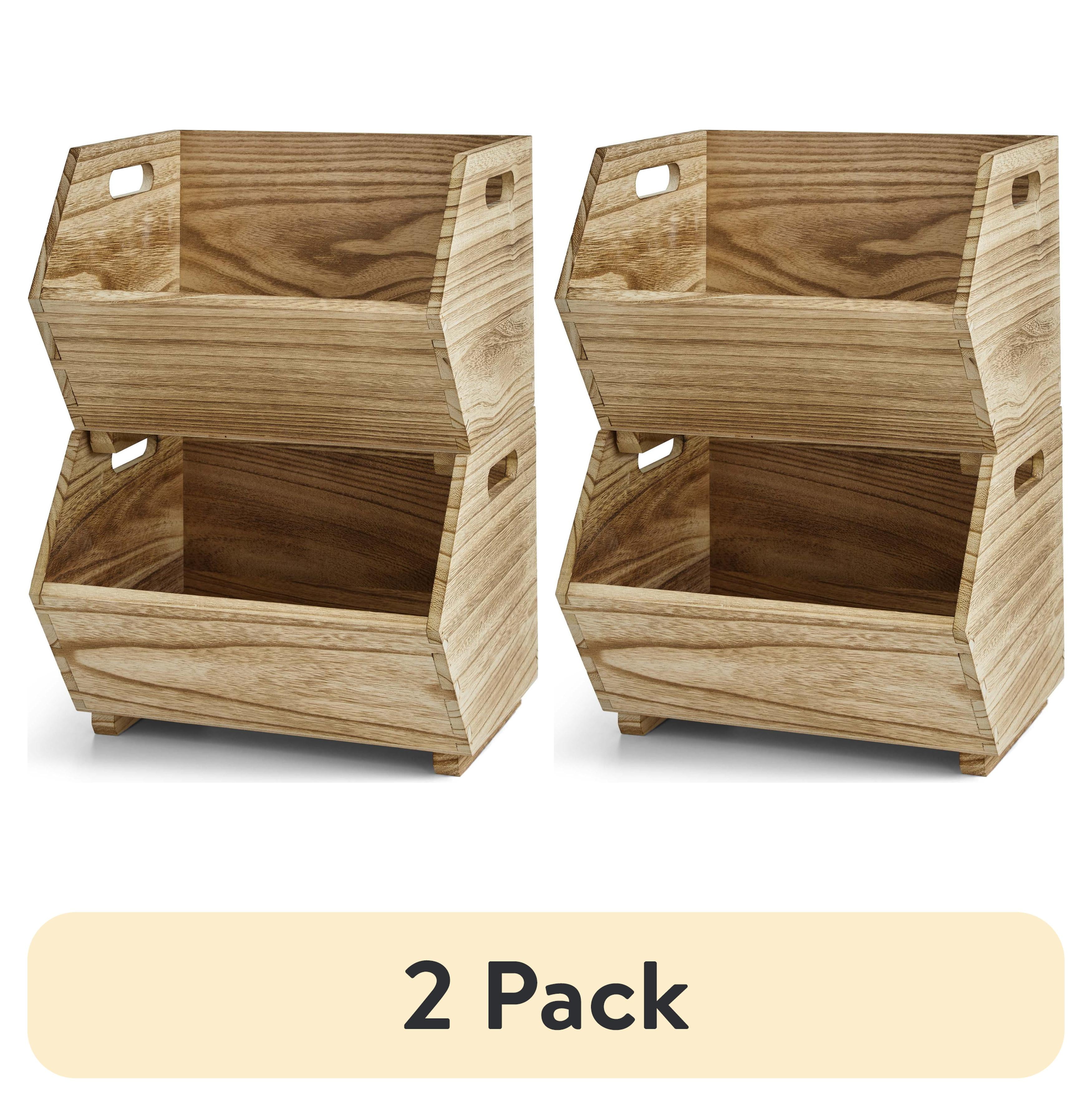 Natural Wood Rectangular Stacking Storage Bins with Cut-Out Handles, 2-Piece Set