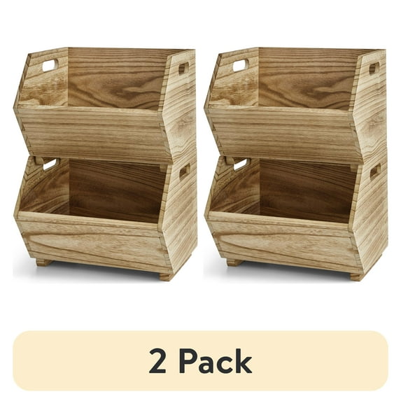 (2 pack) Better Homes & Gardens 2-Piece Set Natural Wood Stacking Open Front Decorative Storage Bins, 11 in x 16.5 in x 10 in