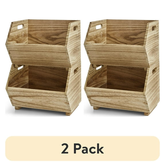 (2 pack) Better Homes & Gardens 2-Piece Set Natural Wood Stacking Open Front Decorative Storage Bins, 11 in x 16.5 in x 10 in