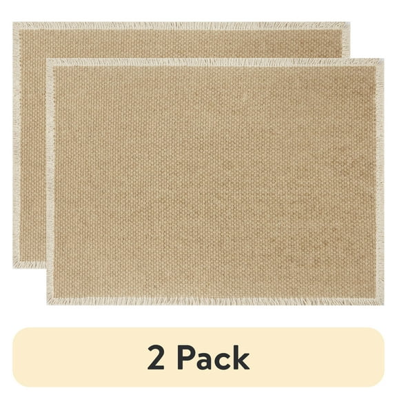 (2 pack) Better Homes & Gardens Beige Fringe Table Place Mat- 14" x 20" - Camel Suede / Natural - 100% Cotton