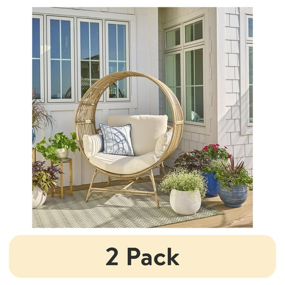 (2 pack) Better Homes & Gardens Bellamy Round Wicker Outdoor Lounge Chair, Beige