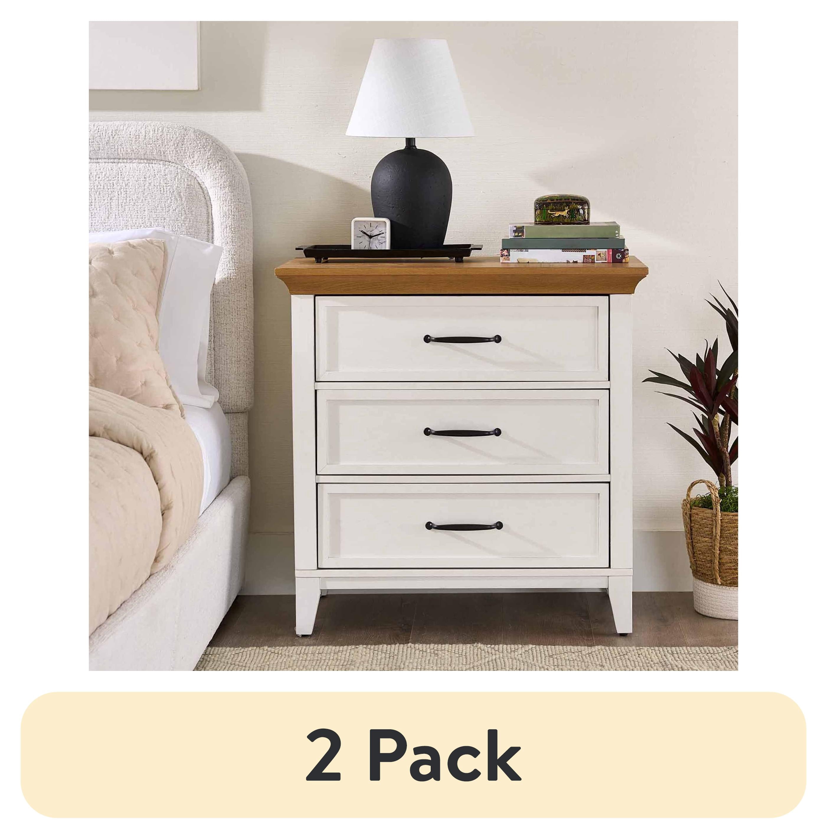 (2 pack) Better Homes & Gardens Canton 3-Drawer Nightstand, Textured White and Light Honey