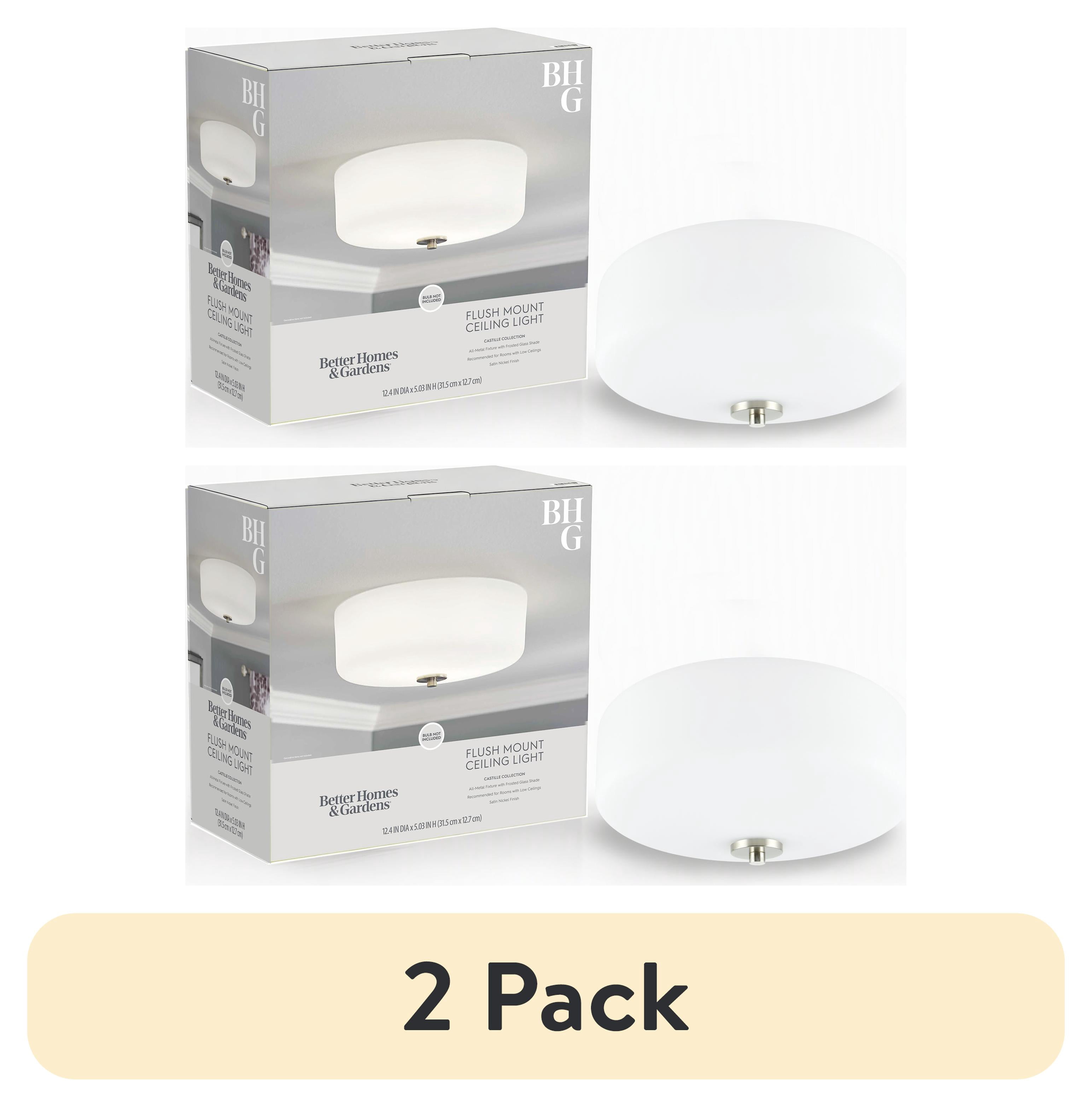 (2 pack) Better Homes & Gardens Flush Mount Ceiling Light, 12.4 in, Satin Nickel, Frosted Glass, No Bulb Included