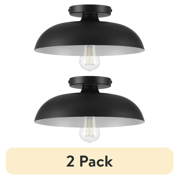 (2 pack) Better Homes & Gardens Contemporary Matte Black 1-Light Indoor Flush Mount, White Inner Shade
