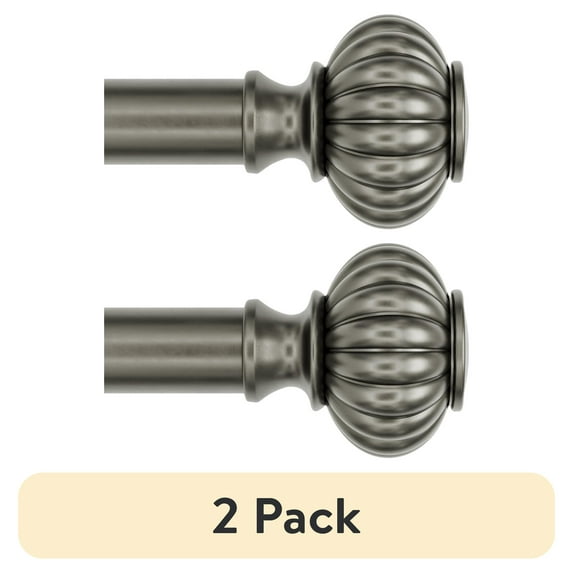 (2 pack) Better Homes & Gardens 1" Pewter Ribbed Knob Adjustable Single Curtain Rod Set, 42"-120"