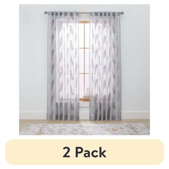 (2 pack) Better Homes & Gardens Embroidered Botanical Sheer Curtain, Single Panel, Soft Silver, 50" W x 95" L