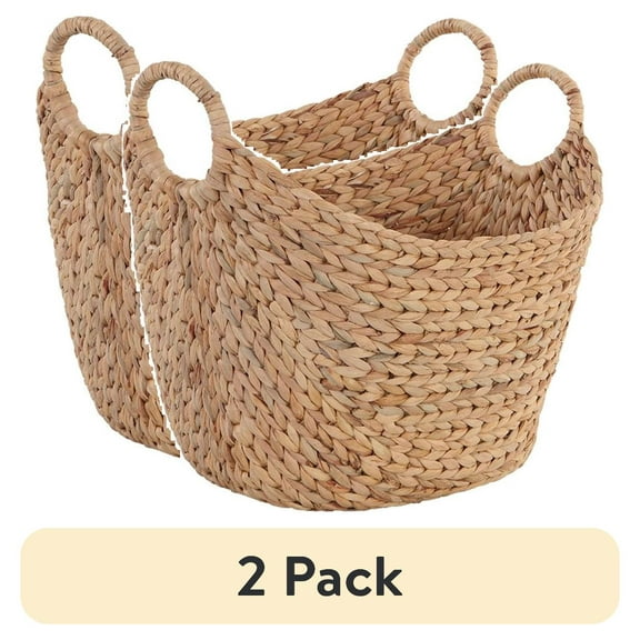 (2 pack) Better Homes & Gardens Extra Large Natural Woven Water Hyacinth Boat Decorative Storage Basket, 19 in x 17 in x 14 in