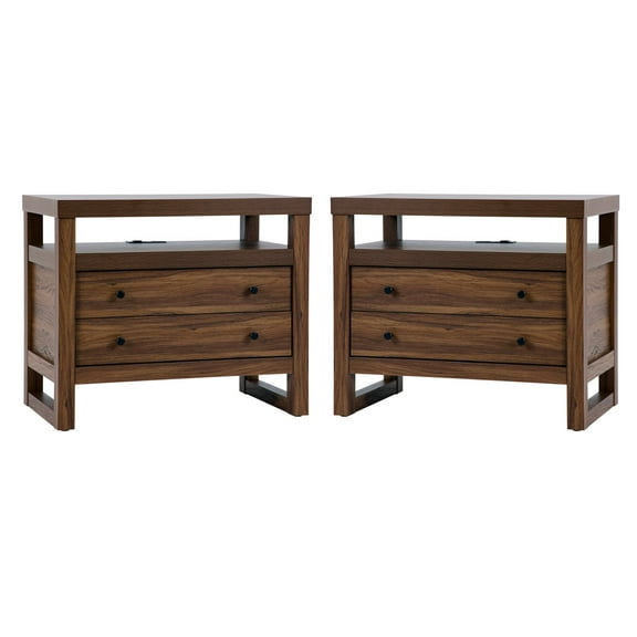 (2 pack) Better Homes & Gardens Ezra 2-Drawer Nightstand with USB, Walnut Finish