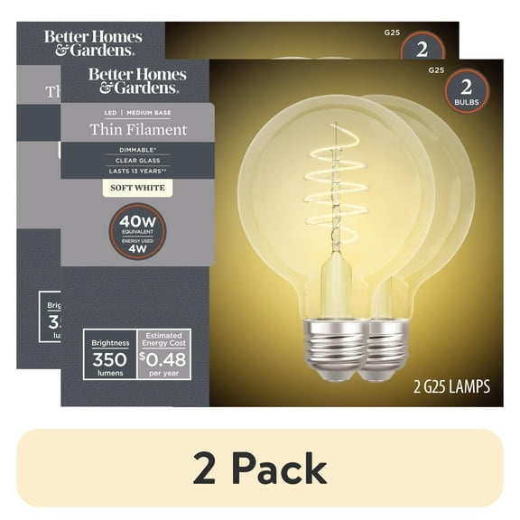 (2 pack) Better Homes & Gardens G25 LED Vintage Light Bulb, 4 Watts (40W Equivalent), Soft White, Thin Filament, E26, 2PK