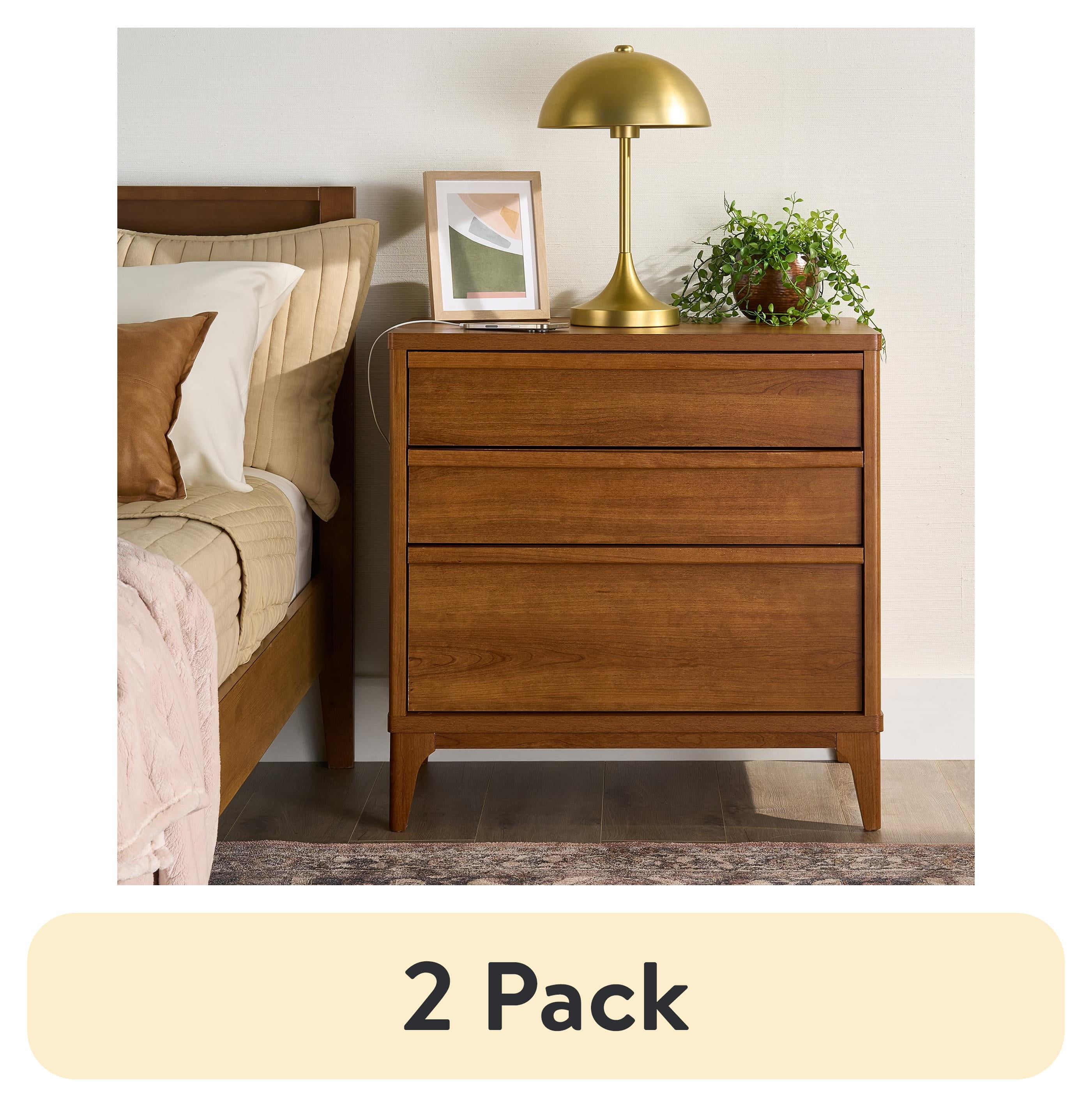 (2 pack) Better Homes & Gardens Greyson 3-Drawer Nightstand with USB, Acorn Finish