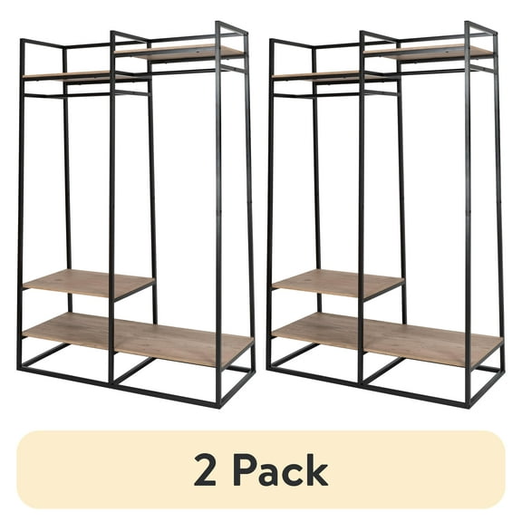 (2 pack) Better Homes & Gardens Jace Freestanding Metal 2-Rod Garment Clothes Rack with 4 Wooden Shelves, Black