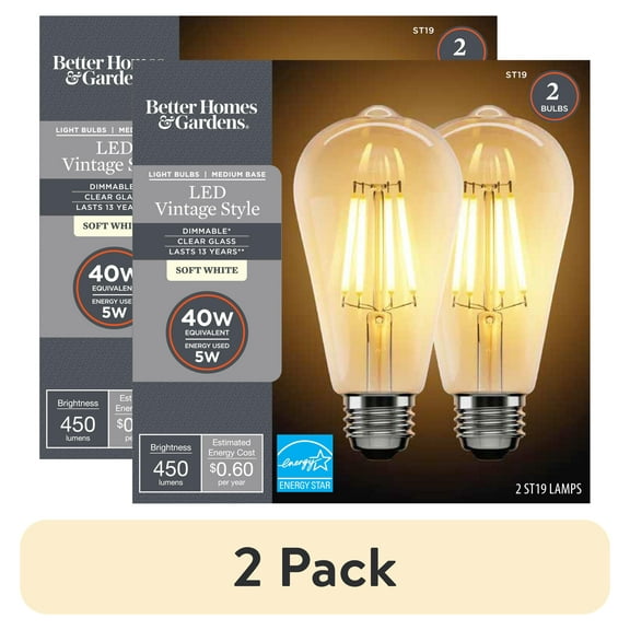 (2 pack) Better Homes & Gardens LED Vintage Light Bulb, ST19, 40 Watts Eqv, Soft White, E26, Dim-2 Pk