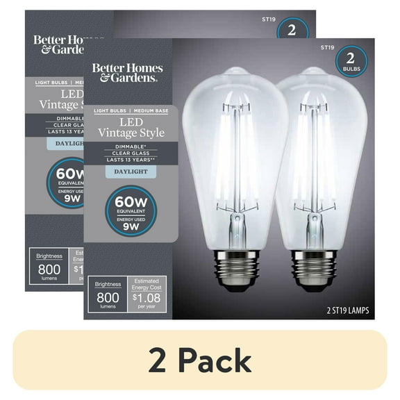 (2 pack) Better Homes & Gardens LED Vintage Light Bulb, ST19 60W Eqv, Daylight Clsc Filament, E26, Dim - 2 Pk