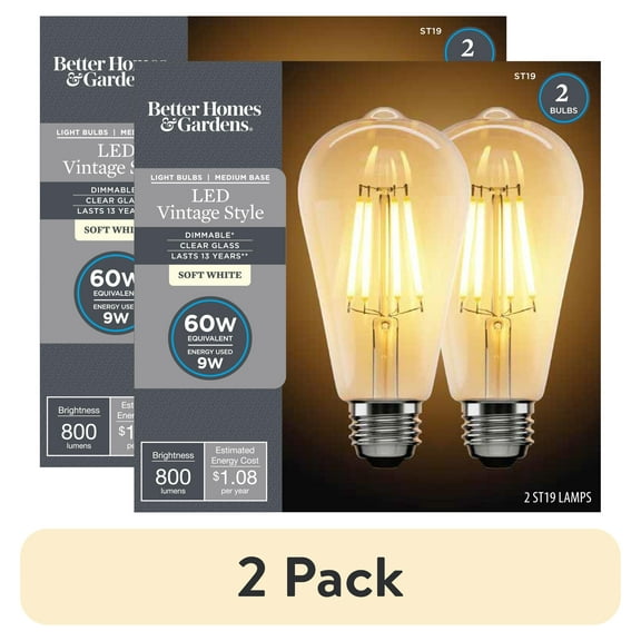 (2 pack) Better Homes & Gardens LED Vintage Light Bulb, ST19 60W Eqv, Soft White Classic Filament, E26, Dim - 2 Pk
