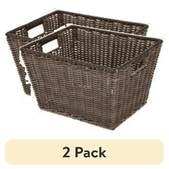 (2 pack) Better Homes & Gardens Large Poly Rattan Decorative Storage Basket with Handles, 14 in x 11 in x 8.5 in