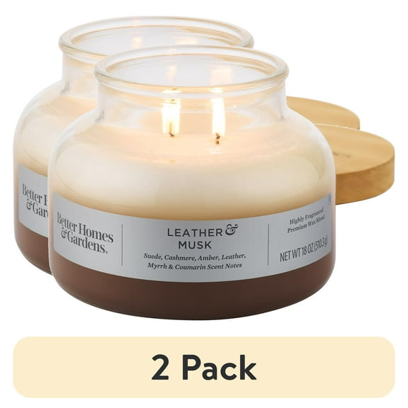 (2 pack) Better Homes & Gardens Leather and Musk Scented 2-Wick 18oz Ombre Bell Jar Candle