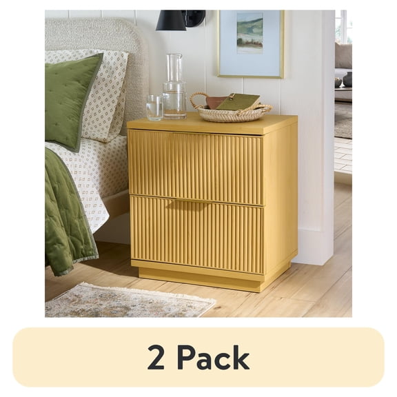 (2 pack) Better Homes & Gardens Lillian Fluted 2-Drawer Nightstand with USB, Natural Pine