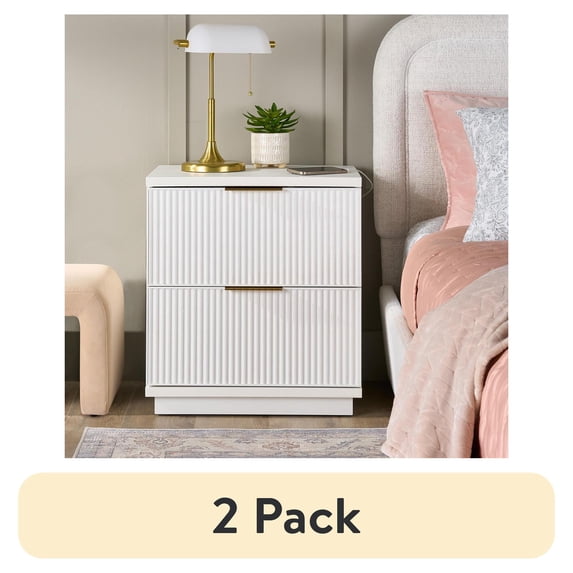 (2 pack) Better Homes & Gardens Lillian Fluted 2-Drawer Nightstand with USB, White Finish