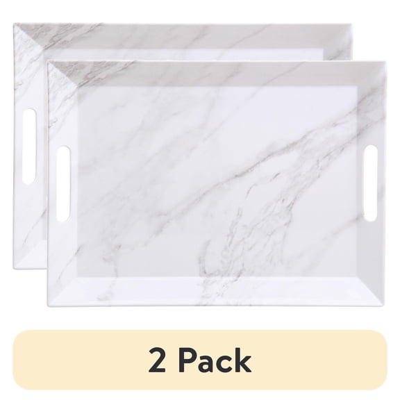 (2 pack) Better Homes & Gardens- Marble Print Rectangle Melamine Handled Tray