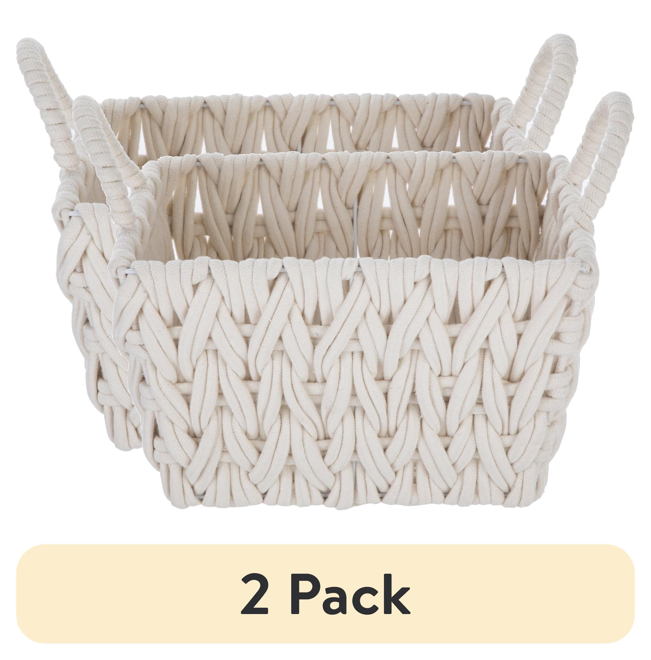 (2 pack) Better Homes & Gardens Medium White Woven Rope Decorative Storage Basket with Handles, 14.3 in x 11 in x 9 in