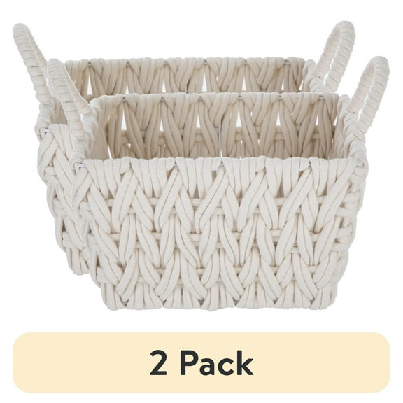 (2 pack) Better Homes & Gardens Medium White Woven Rope Decorative Storage Basket with Handles, 14.3 in x 11 in x 9 in