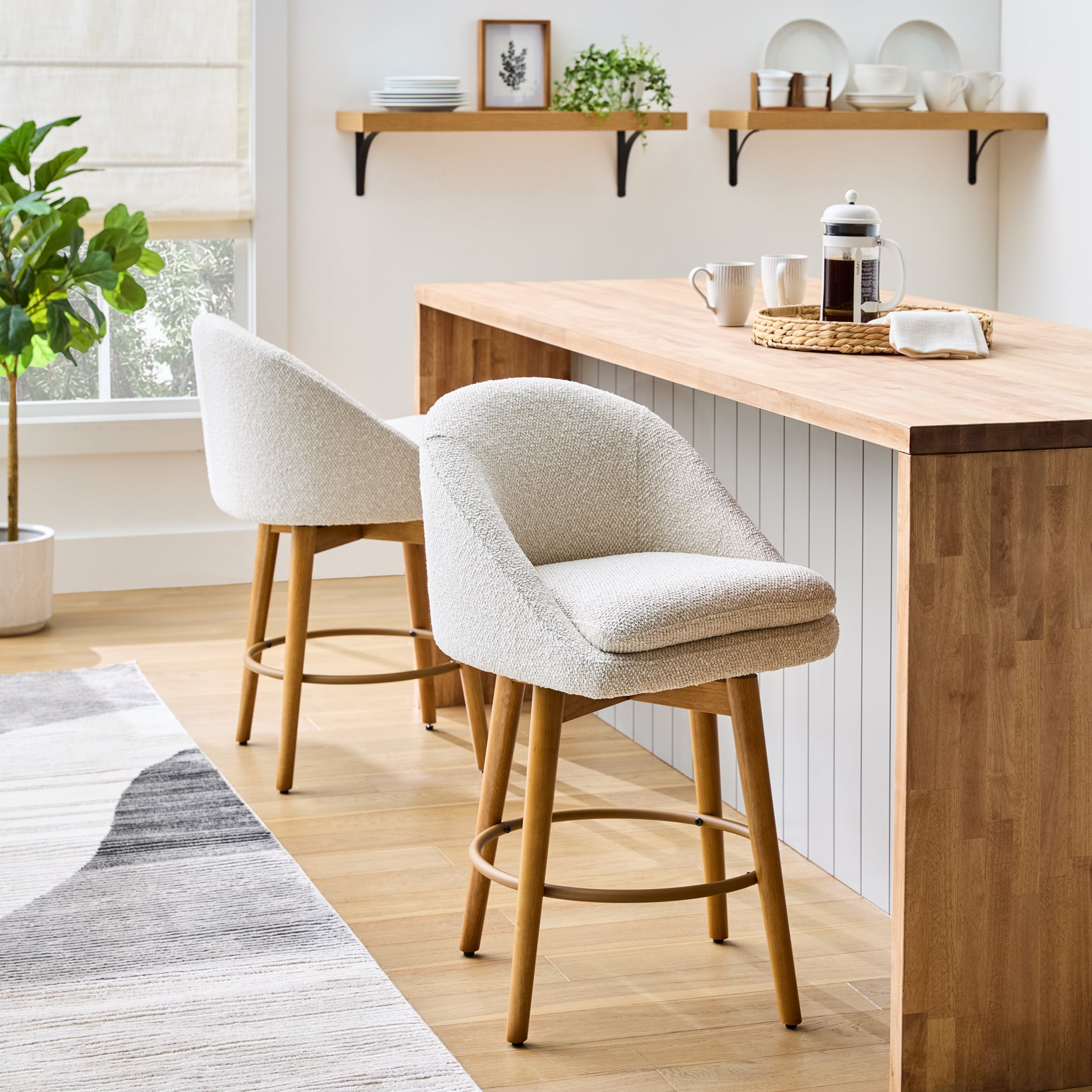 (2 pack) Better Homes & Gardens Mira Swivel Counter Stool, Cream & Light Honey, Set of 2