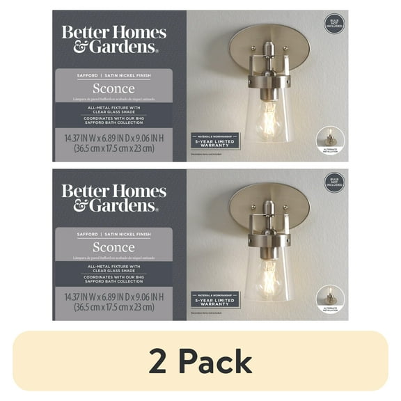 (2 pack) Better Homes & Gardens Modern Wall Sconce, Glass Shade Satin Nickel Finish, A19 LED Bulb Included