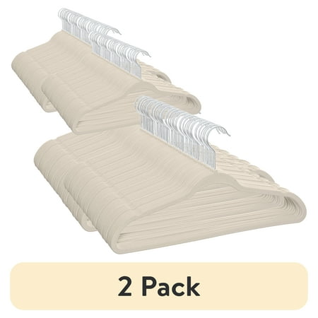 (2 pack) Better Homes & Gardens Non-Slip Velvet Clothes Hangers, 100 Pack, Beige, Space Saving