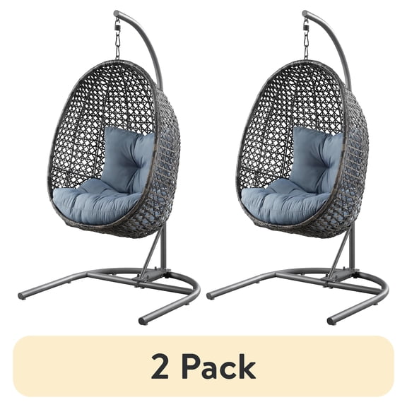 (2 pack) Better Homes & Gardens Outdoor Lantis Patio Wicker Hanging Egg Chair with Stand - Grey Wicker, Blue Cushion