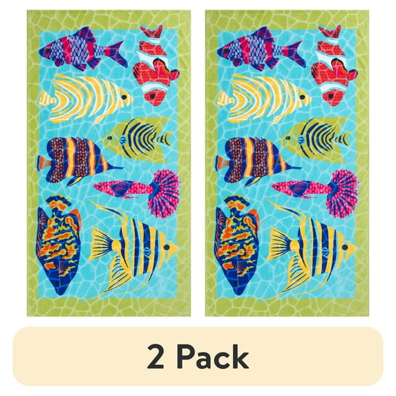 (2 pack) Better Homes & Gardens Oversized Cotton Multi-Color Tropical Fish Beach Towel, 38" X 72"