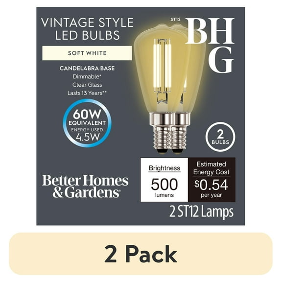 (2 pack) Better Homes & Gardens ST12 LED Light Bulb, 4.5 Watts (60W Equivalent) Soft White, E12 Base, 2 Pack