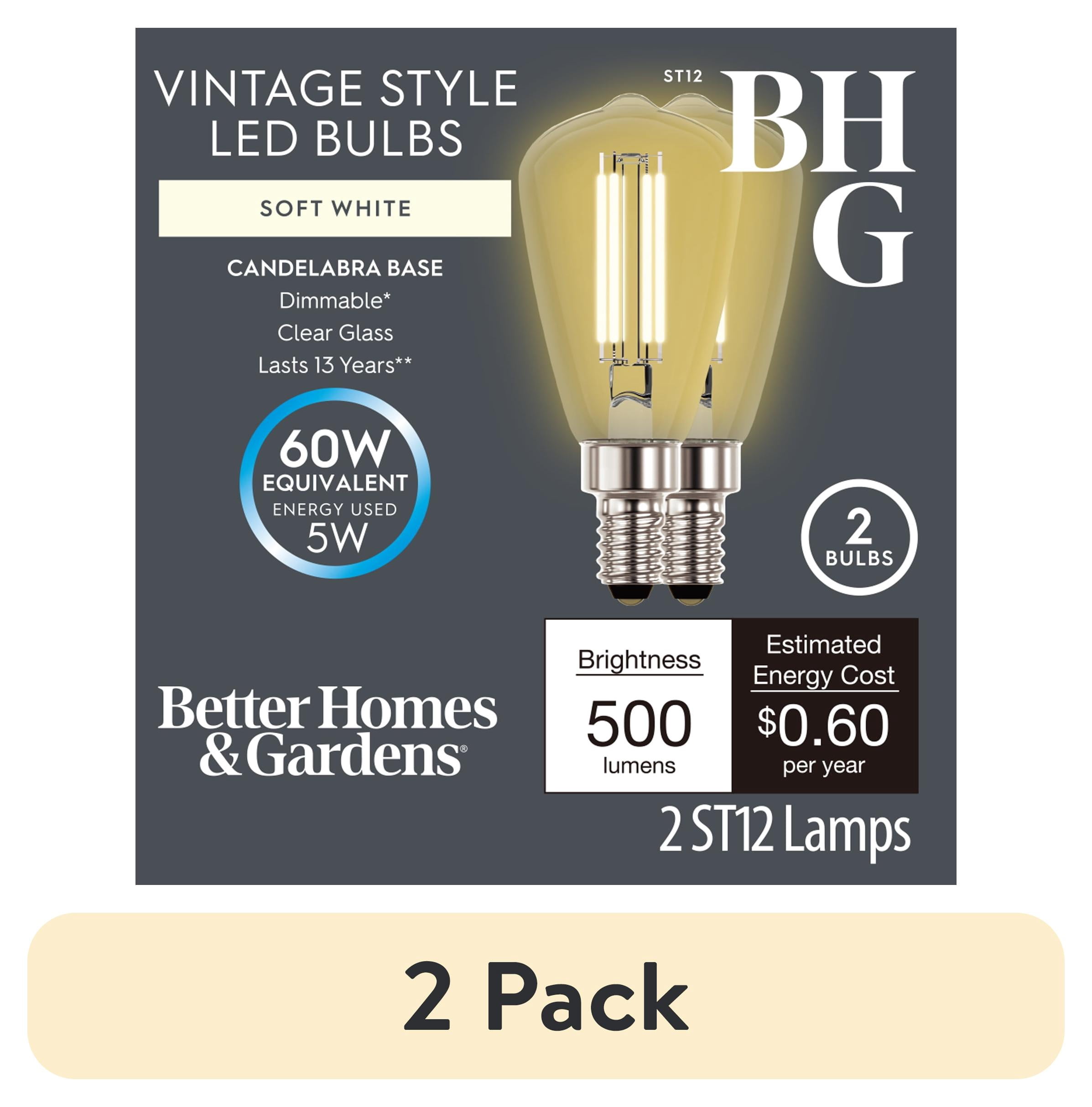 (2 pack) Better Homes & Gardens ST12 LED Light Bulb, 5-Watt (60W Equiv.) Soft White Dimmable E12 Base, 2PK CA