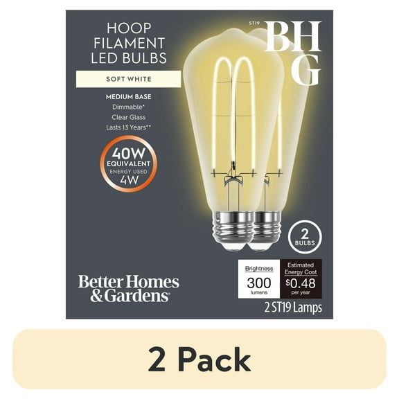 (2 pack) Better Homes &Gardens ST19 LED Vintage Bulb 4W(40 Equivalent) Soft White, Dimmable E26 Base(2 Pack)