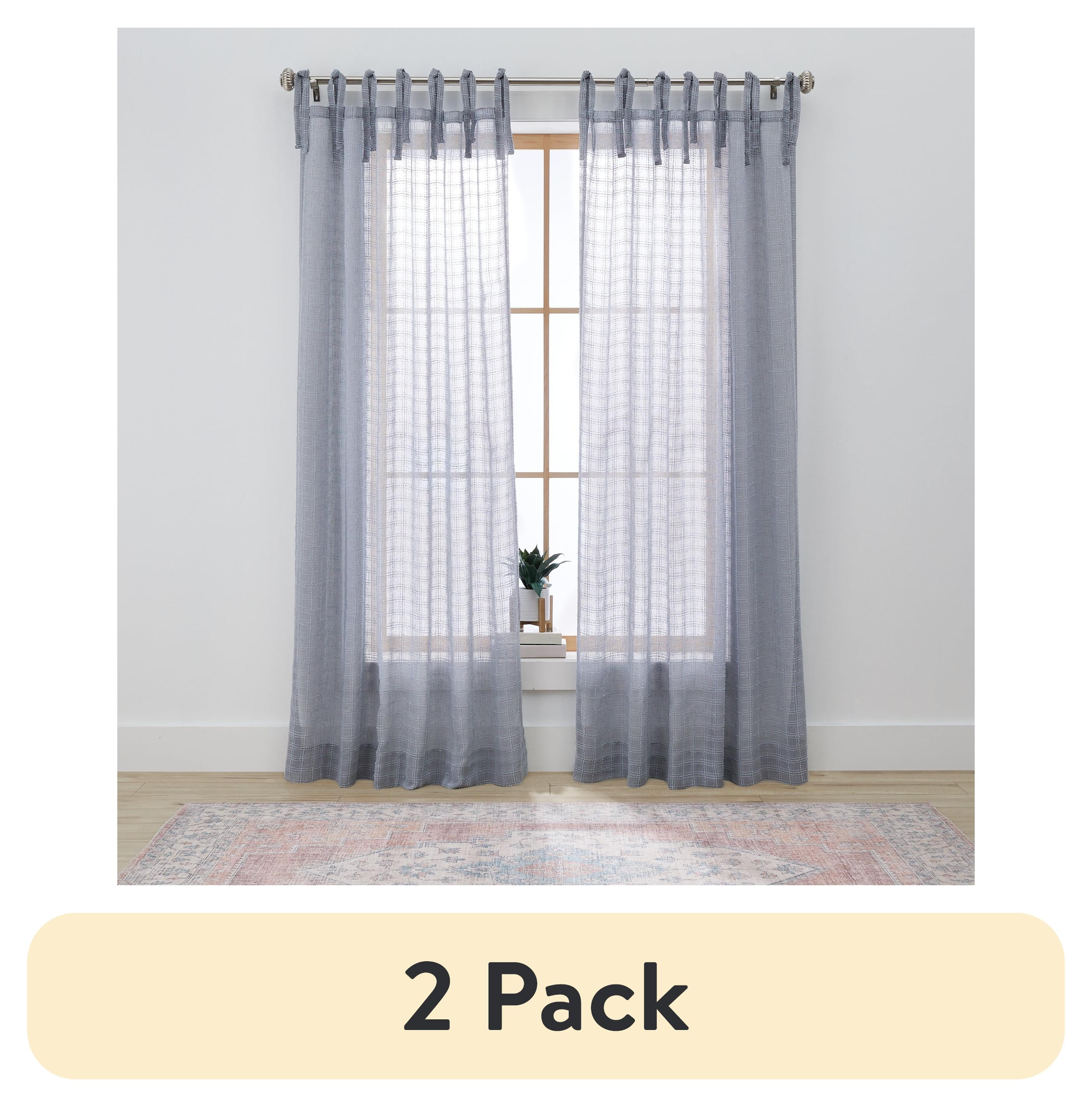 (2 pack) Better Homes & Gardens Sheer Windowpane Stitch Tie Top Single Curtain Panel, Soft Silver, 50" W x 95" L